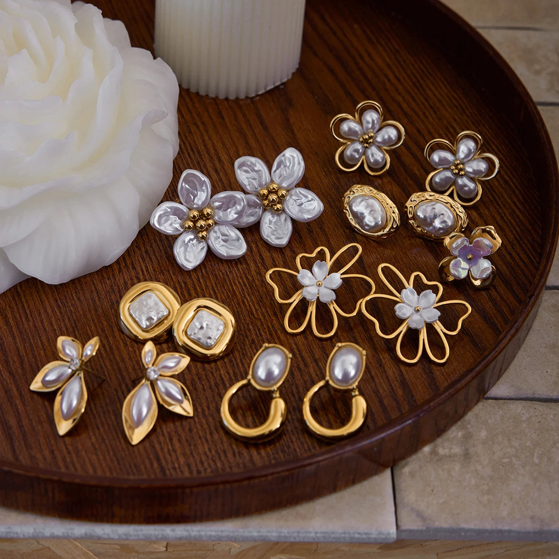 J&D Fashion Jewelry 18K Gold Plated Stainless Steel Square Oval Navette Pearl  Plexi Flower Stud Earrings