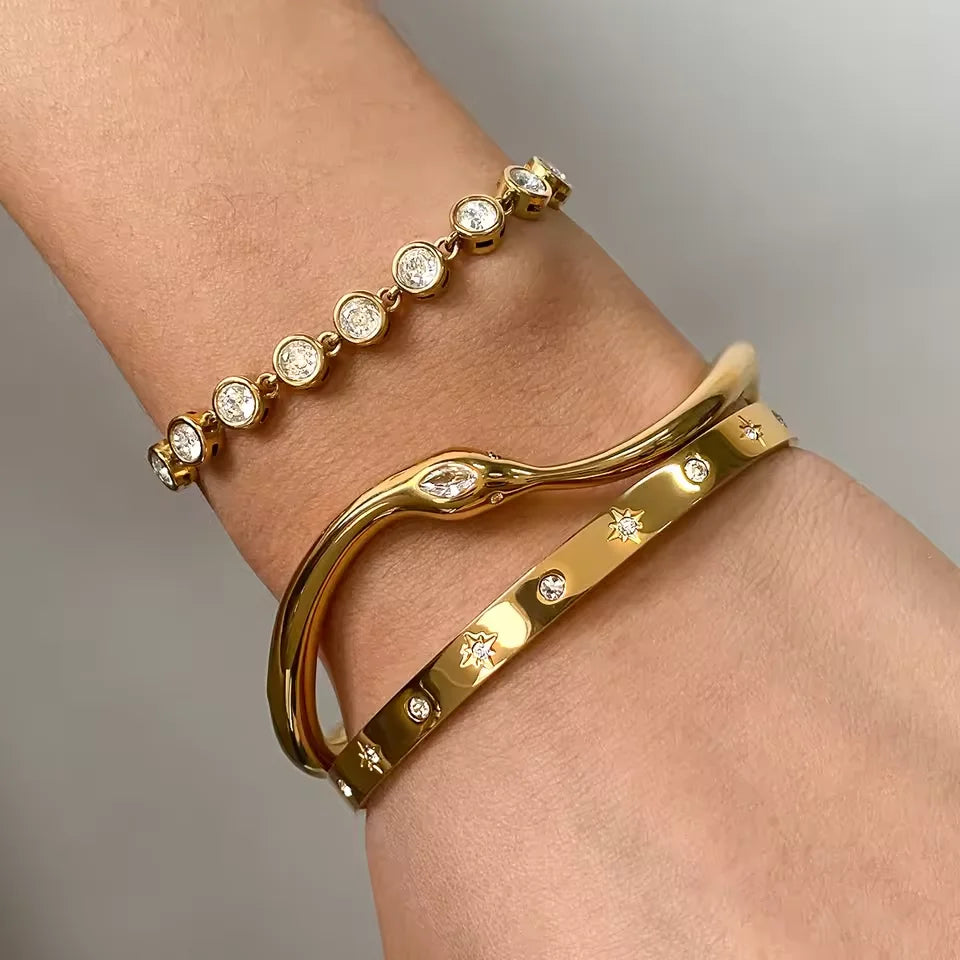 J&D Minimalist Stainless Steel 18K Gold Spirit Snake Bracelets Irregular Stackable Zircon Bracelets