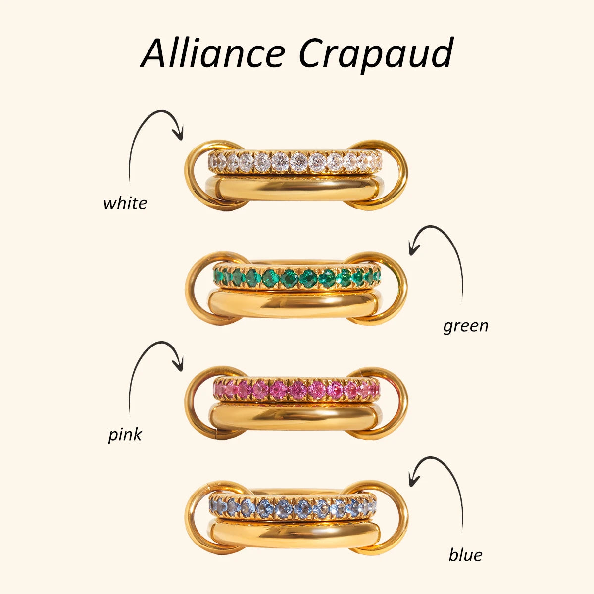 JD 18K PVD Gold Plate Stainless Steel Rings Sweet Romantic Spinel Double Layer Interlocking Ring