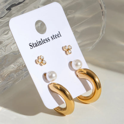J&D C-Shape Earrings Set 18k Gold Stainless Steel With White Zircon Pearl Everyday Elegance With Textured Finish Gold Plated