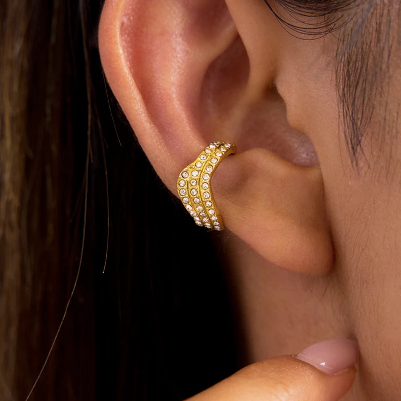 J&D Classic Design Women 18K Gold Stainless Steel Three-layer White Rhinestone Wave Ear Cuff Earrings