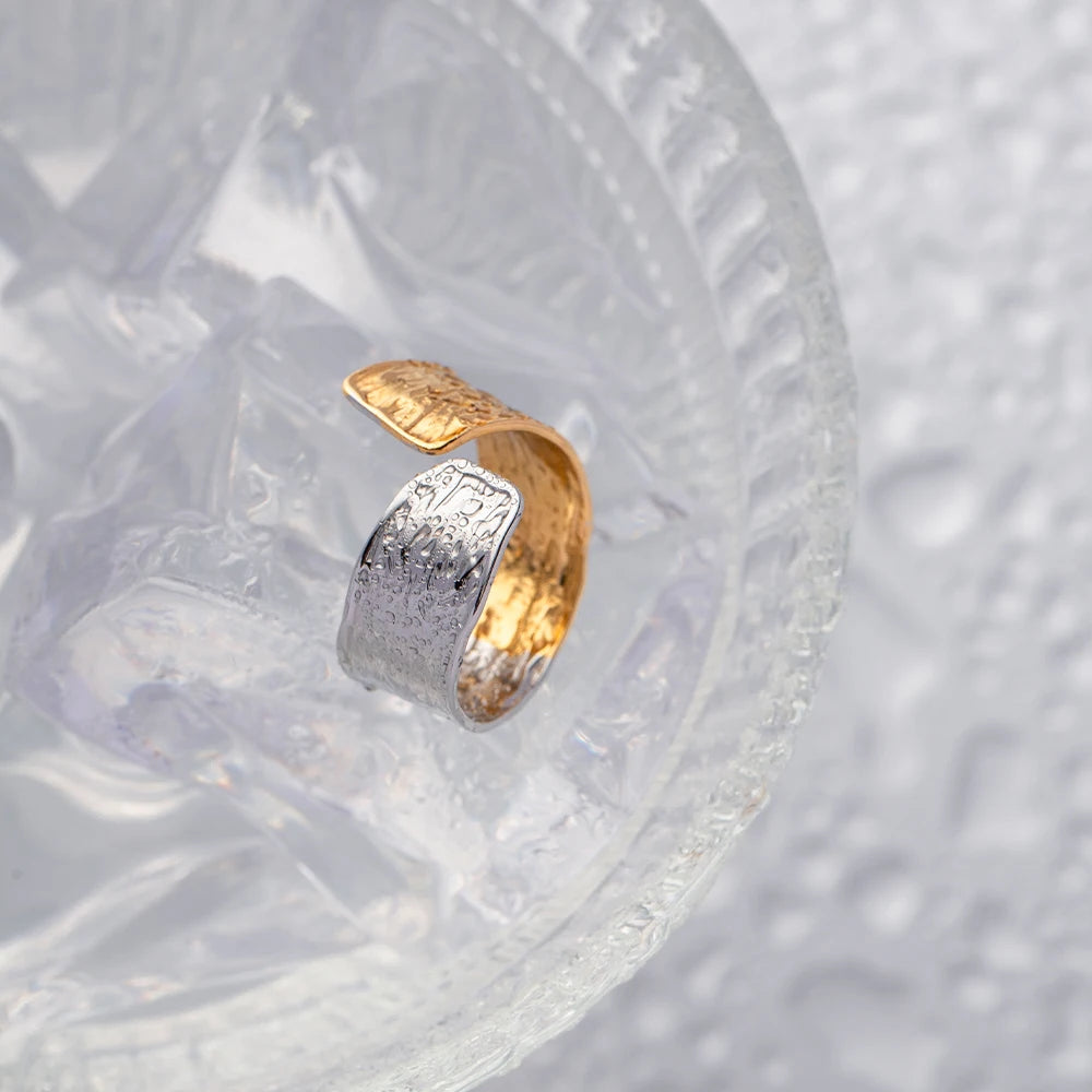 J&D Design Two-tones Ring 18K PVD Gold Plated Stainless Steel  Ring Two Tone Colorblock Cross Asymmetric Open Ring