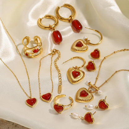 J&D Jewelry 18K Gold Stainless Steel Red Agate Natural Stone Pendant Necklace Rings Earrings Christmas Gift