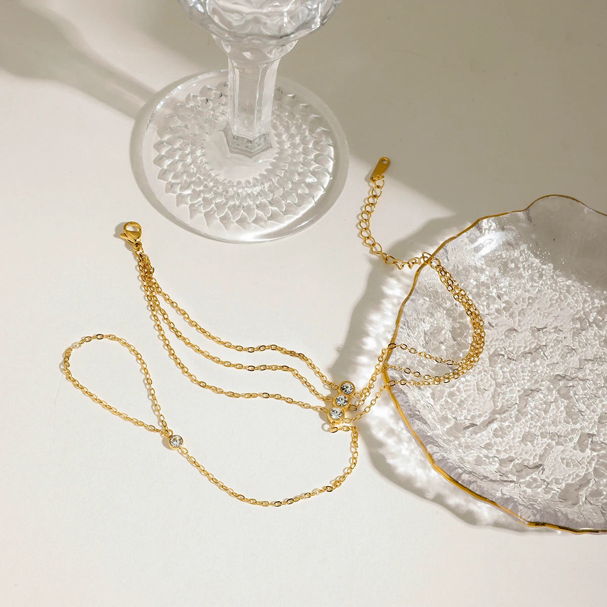J&D 18K Gold Plated Stainless Steel Bracelets Holiday Fashion Jewelry Three-layer Zircon Hand Chain Finger Bracelet
