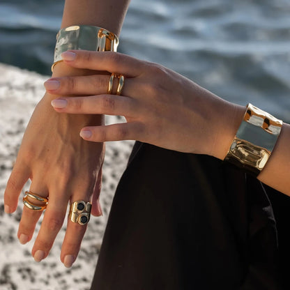 Chunky Cuff Bangles 18K PVD Gold Plated Stainless Steel Pave Hammered Cuff Bracelet for Women