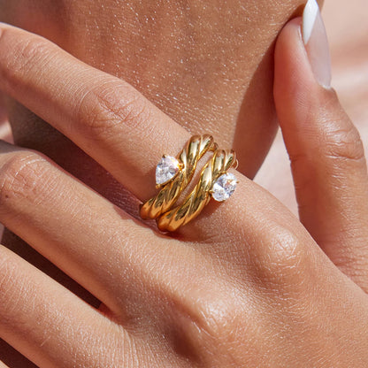 J&D 18K PVD Gold Plated Stainless Steel Rings Classic Trendy White Zircon Oval Braided Pattern Ring