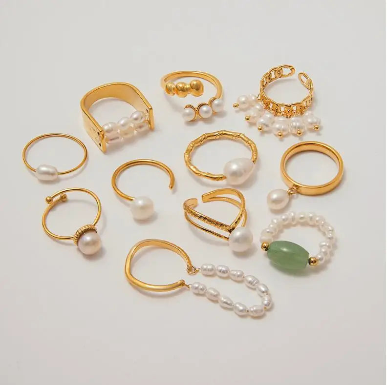 J&D 18K Real Gold Plated Stainless Steel Tarnish Free Waterproof Freshwater Pearl Jade Rings