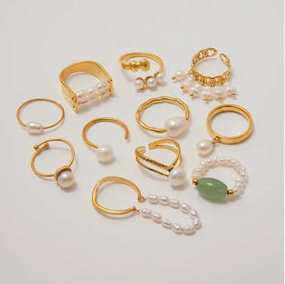 J&D 18K Real Gold Plated Stainless Steel Tarnish Free Waterproof Freshwater Pearl Jade Rings