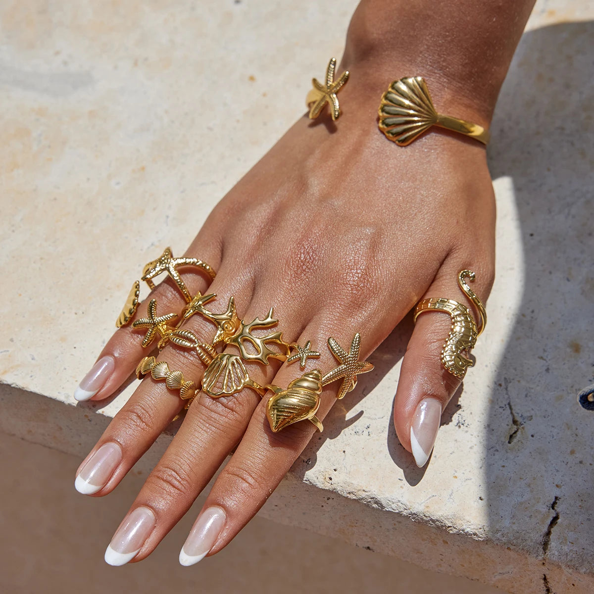 J&D Women's Coastal Rings Set 18K Gold Plated Open Shell Coral Starfish Adjustable Stackable Minimalist Rings Ocean Jewelry