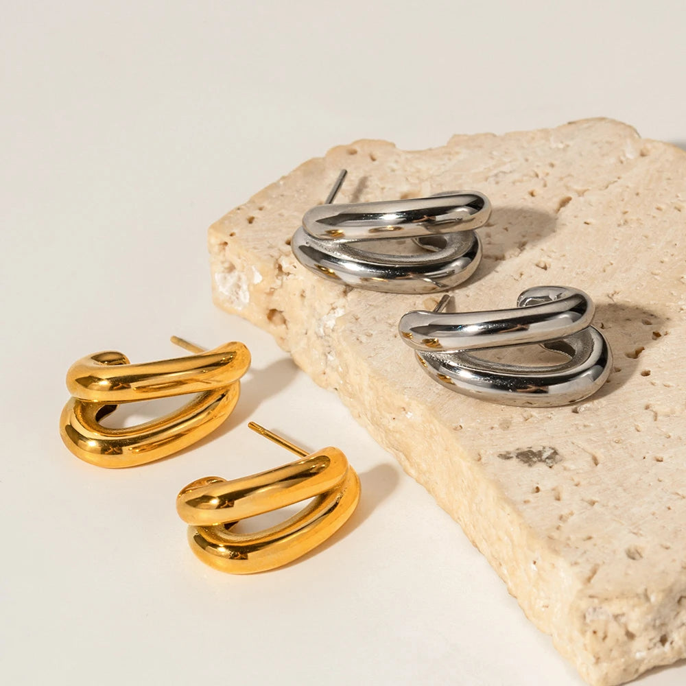Charm Stainless Steel 18K Gold Plated Jewelry CC Shaped Double Layer Hollow Earrings for Women