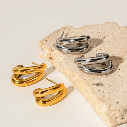 Charm Stainless Steel 18K Gold Plated Jewelry CC Shaped Double Layer Hollow Earrings for Women
