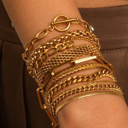 J&D Fashion Waterproof Stainless Steel 18K Gold Plated PVD Simple Link Chain Jewelry Bracelet Set Low Key Luxury