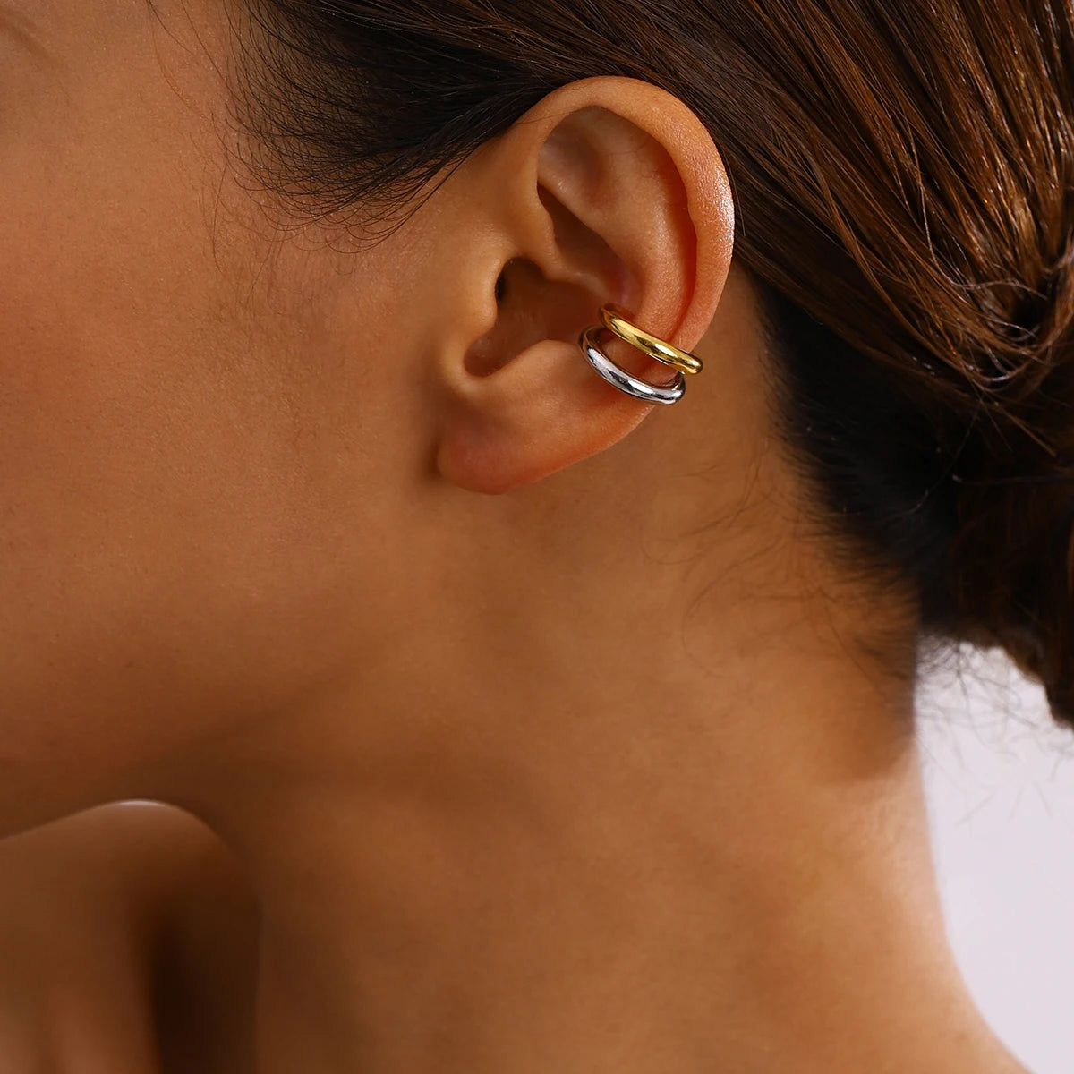 18K PVD Gold Plated Stainless Steel Ear Clips Waterproof Double-layer Two Tone C-shaped Hoop Ear Cuff