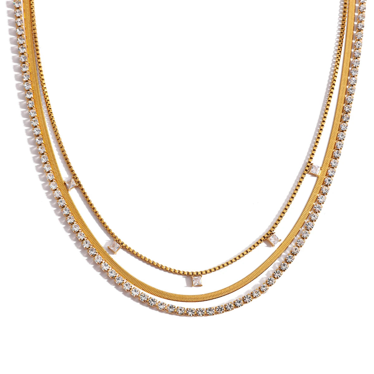 J&D Luxury 18K Gold Stainless Steel square Zircon Pendant Rhinestone Chain Blade Chain Multi-layer Necklaces