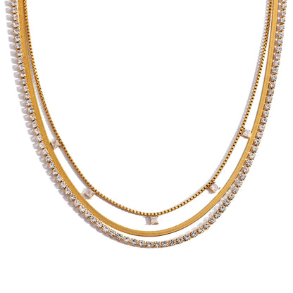 J&D Luxury 18K Gold Stainless Steel square Zircon Pendant Rhinestone Chain Blade Chain Multi-layer Necklaces