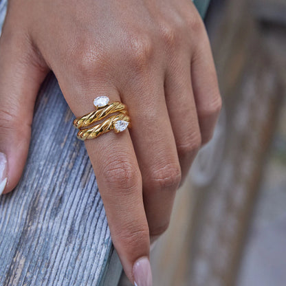J&D 18K PVD Gold Plated Stainless Steel Rings Classic Trendy White Zircon Oval Braided Pattern Ring