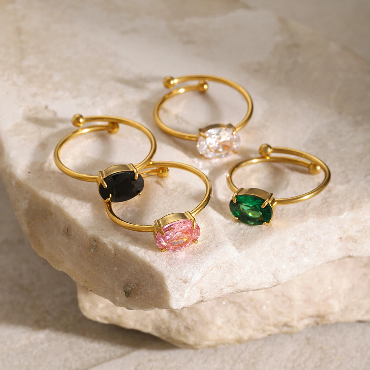 J&D Classic Minimalist 18K Gold Jewelry Rings Stainless Steel Cubic Zirconia Adjustable Open Rings