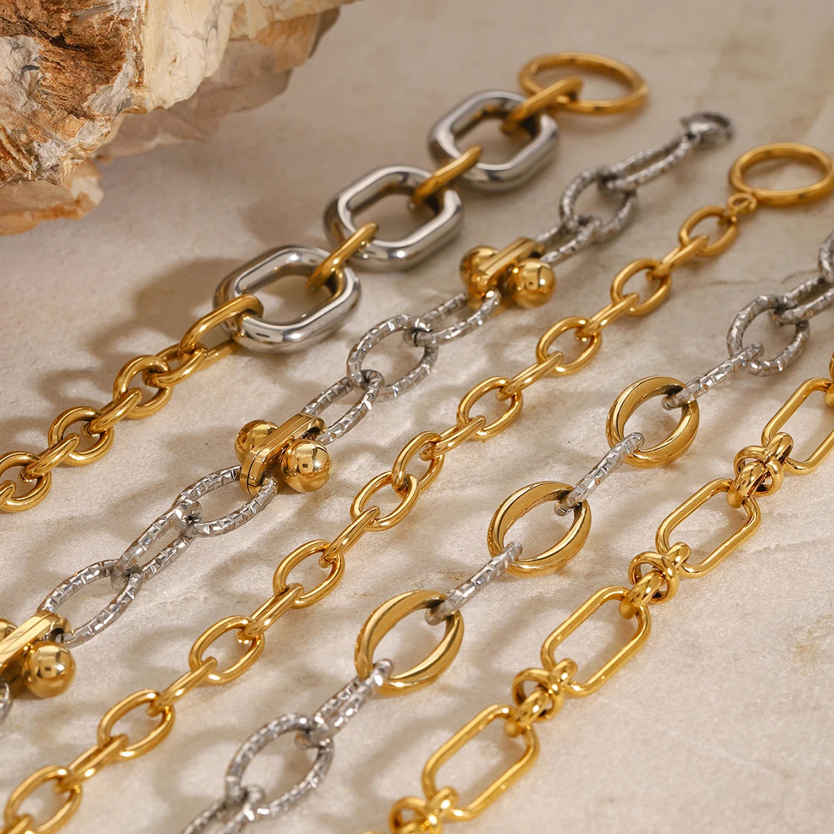 J&D Minimalist Handmade 18K Real Gold Stainless Steel Chain Bracelet Punk Fashion Style Jewelry Bangle