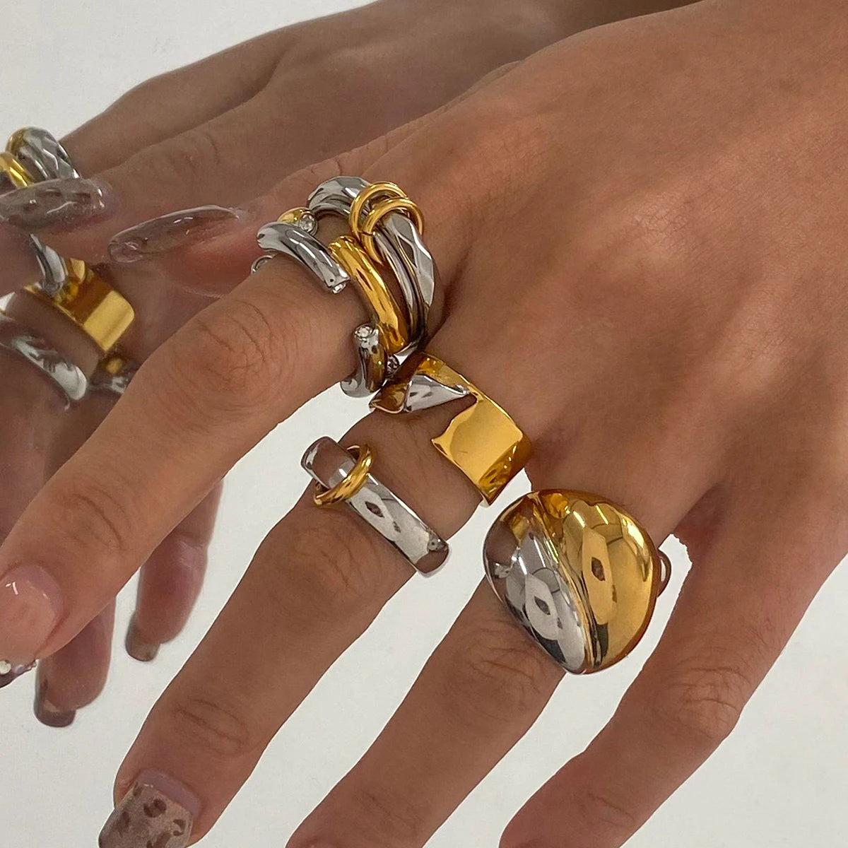 J&D Modern Chic 18K Gold Stainless Steel Rings Two-Tone Layered Ribbed Gold Silver Mixed Design Rings