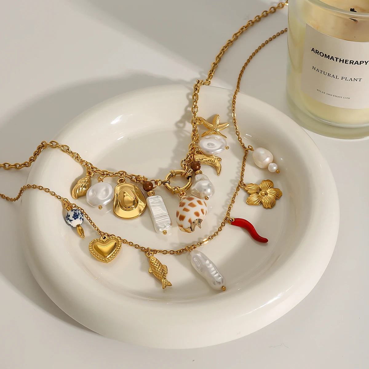 J&D Summer Ocean Style 18K Gold Stainless Steel DIY Shell Ceramic Coral Starfish Pearl Charms Necklaces