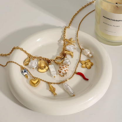 J&D Summer Ocean Style 18K Gold Stainless Steel DIY Shell Ceramic Coral Starfish Pearl Charms Necklaces