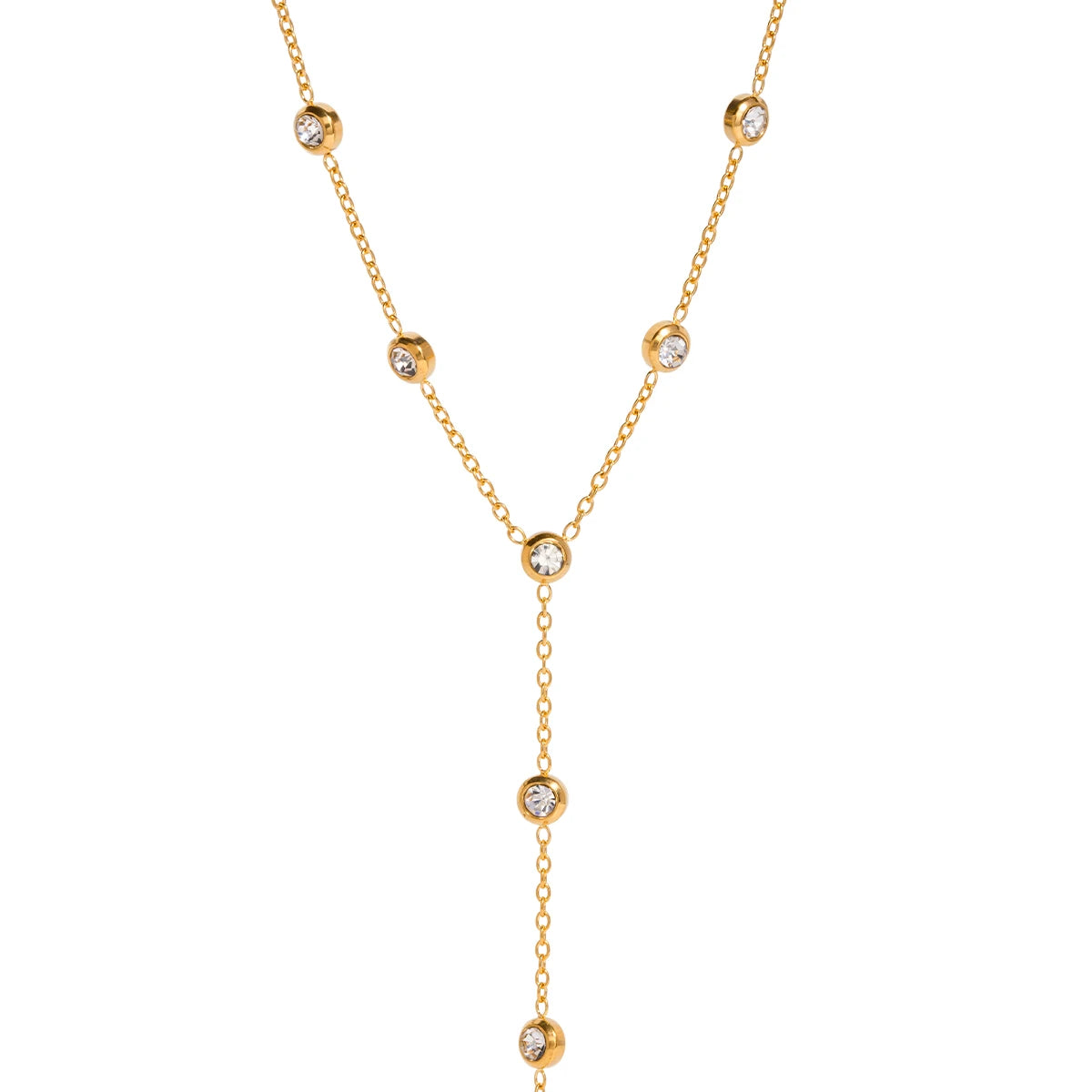 J&D Jewelry Dainty 18K PVD Gold Plated Stainless Steel Cubic Zirconia Long Y Shape Chain Necklace