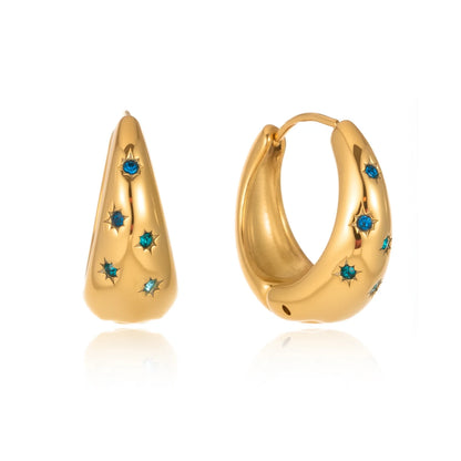 J&D Classic Elegant 18k Gold Stainless Steel Earring Classic Eight Awn Star Hollow Rhinestone Hoop Earrings