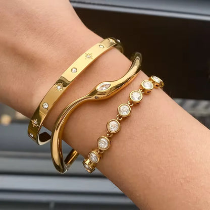 J&D Minimalist Stainless Steel 18K Gold Spirit Snake Bracelets Irregular Stackable Zircon Bracelets