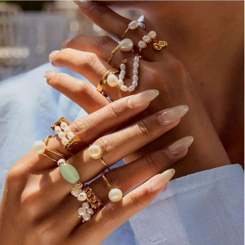 J&D 18K Real Gold Plated Stainless Steel Tarnish Free Waterproof Freshwater Pearl Jade Rings