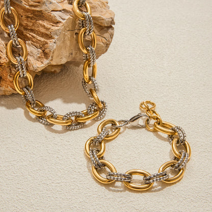 J&D Minimalist 18K Gold and Stainless Steel Two Tone Color Matching Oval Smooth Twist Bracelets Necklaces