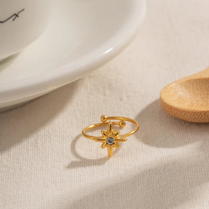 Waterproof 18K Gold-plated Stainless Steel Fashion Jewelry White Zirconia Octagram Rings for Women